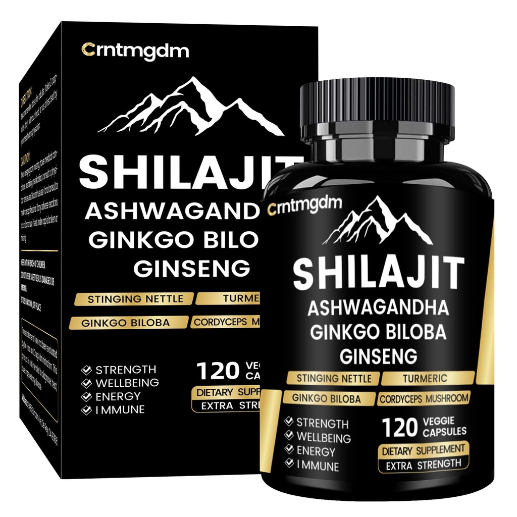 Shilajit kapsule - 20.000mg Pure Himalaaan Organic Shilajit za moške in ženske z Ashwagandha, Podpira Vitalnost in Wellness, Premium Shilajit Pure Himalaan Supplement, 120 kapsul