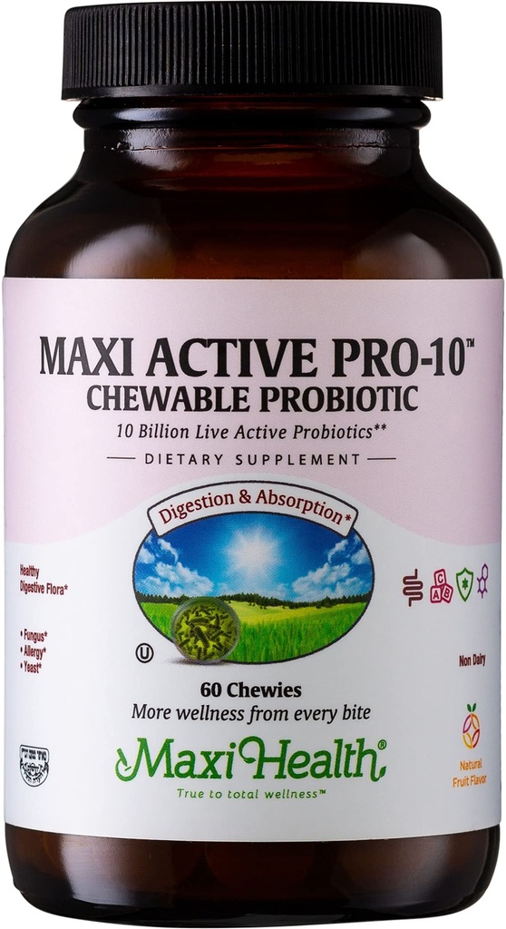 Maxi Health Active Pro-10 Otroci Probiotični žvečilni izdelki – 15 Sevi za prebavno in imuno zdravje –10 Milijarda probiotična mešanica- Mlečni-Free, Kosher – Podpira Gut Health, Vegetarian – 60 ct (Shelf Stable)