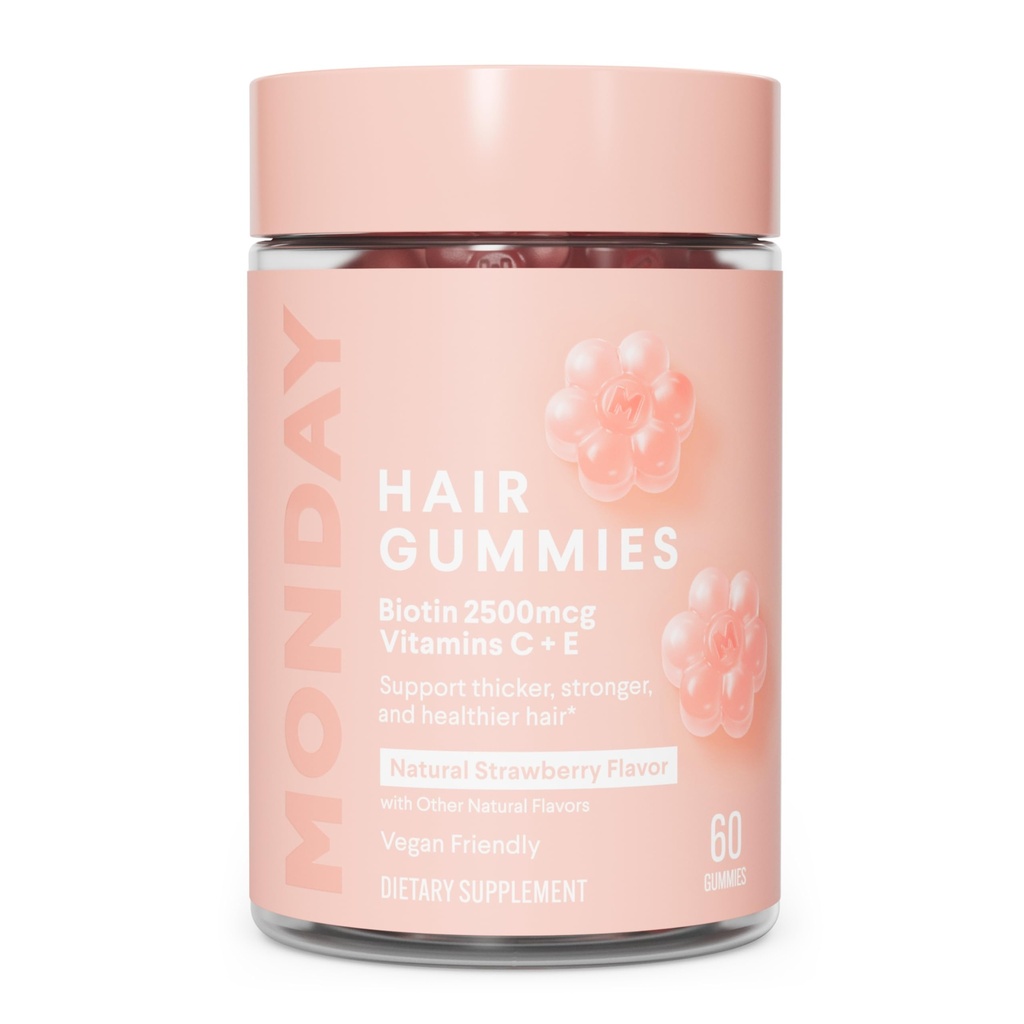 PONEDELJEK HAIRCARE Lasje Gumies z 2500 mcg Biotin, Vitamin C & Vitiman E za Thicker, močnejši in bolj zdrave lase 60ct