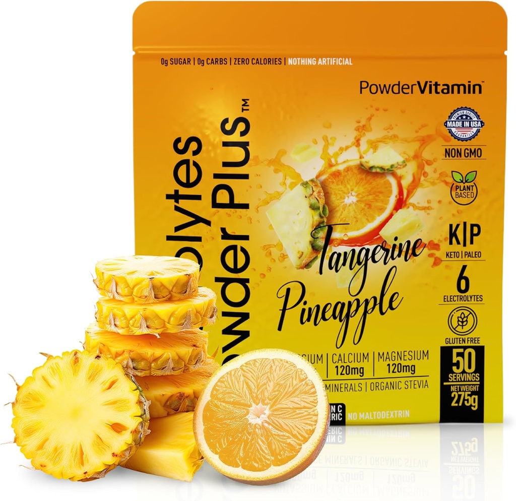 PrašekVitamin Elektroliti powder Plus (50 servingov) tangerin ananas elektrolitski prašek 0 Calorie Keto, 0 sladkor, brez maltodekstrina, 1000mg kalij, 120mg kalcij, 120mg magnezij, hidracija prašek