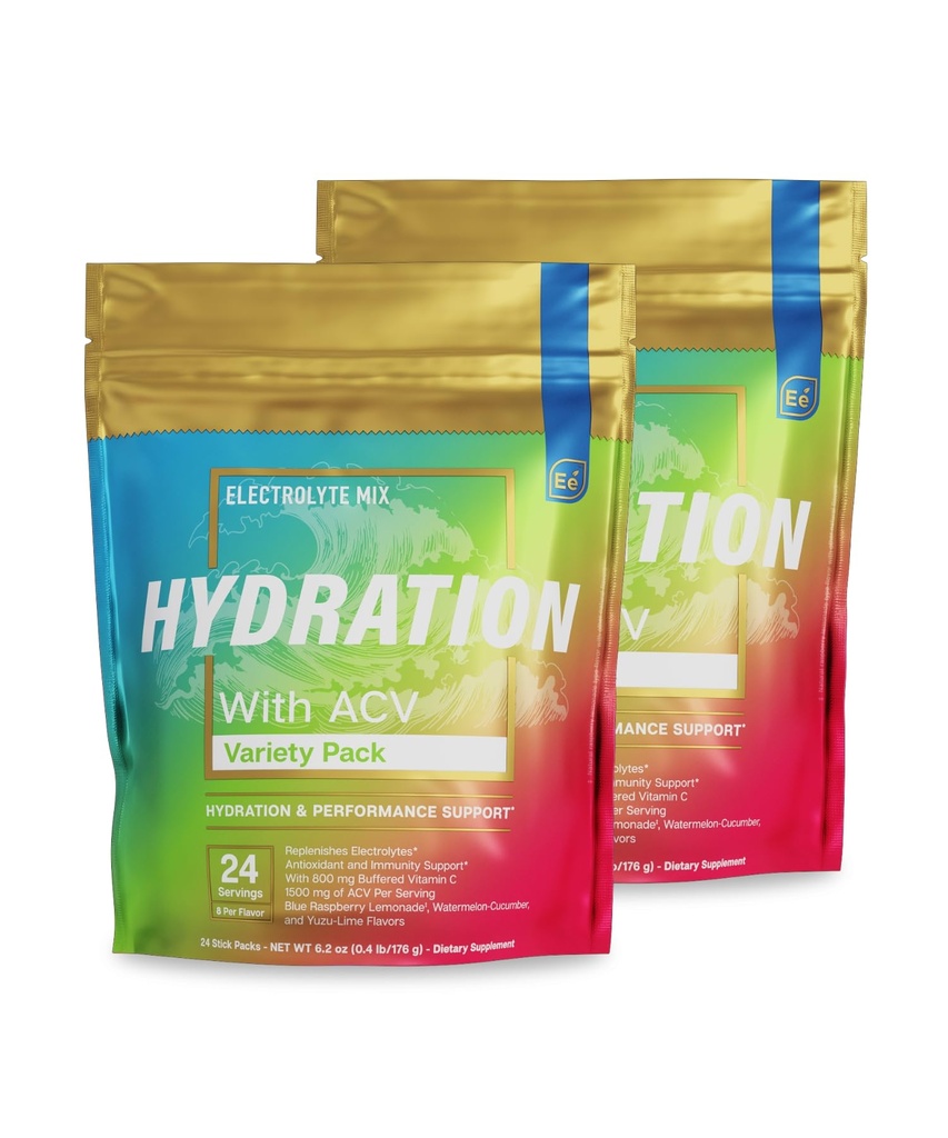 Essential Elements® Hydration Packets - varietete Pack - Elektroliti v prahu brez sladkorja - Elektrolit Drink Mix - Superior Hidracija z ACV & vitamin C - 48 Packs