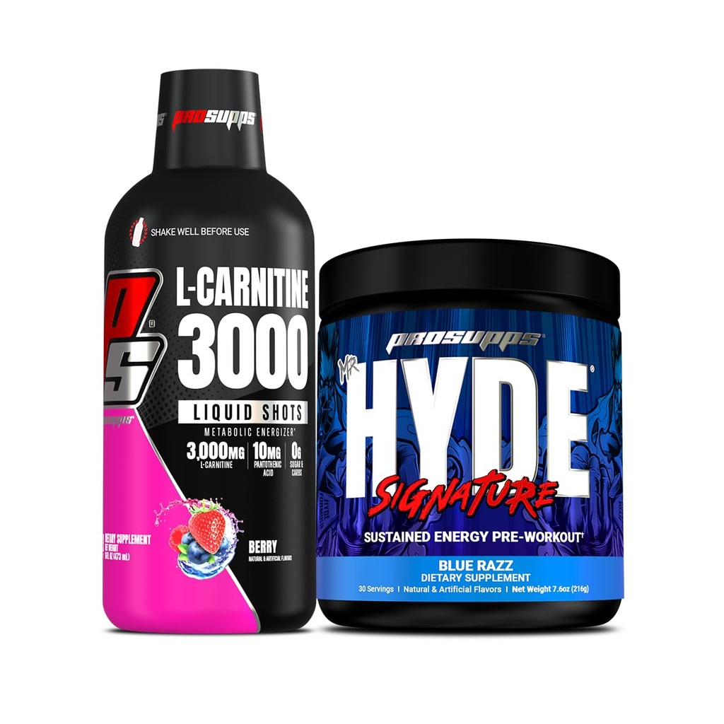 PROSUPPS L-Carnitine 3000 brez stimulantnih tekočinskih strelov (31 strežnikov, Berry) in g. Hyde Signature Series pred-workout Energy v prahu pijača (30 strežnikov, Blue Razz)