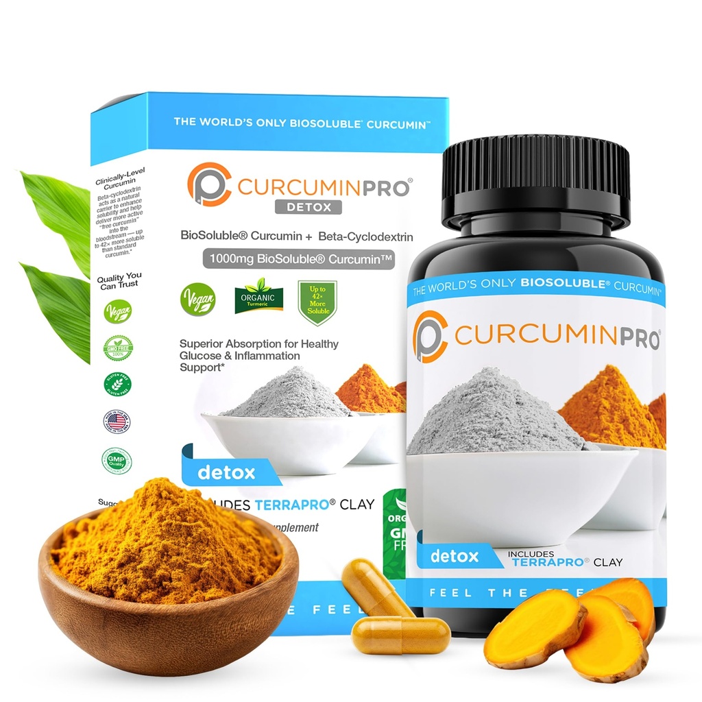curcuminpro Detox Capsules | Organic Turmeric Supplement with BioSoluble BCD & Natural Bentonite Clay | High Absorption Vegan Curcumin Blend for Gut and Heart Wellness | 60 Count