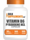 BulkSupplements.com Kapsule vitamina B6 - Piridoxin HCl, vitamin B6 50 mg - 1 kapsula na odmerek, 500 kapsul (paket po 1)