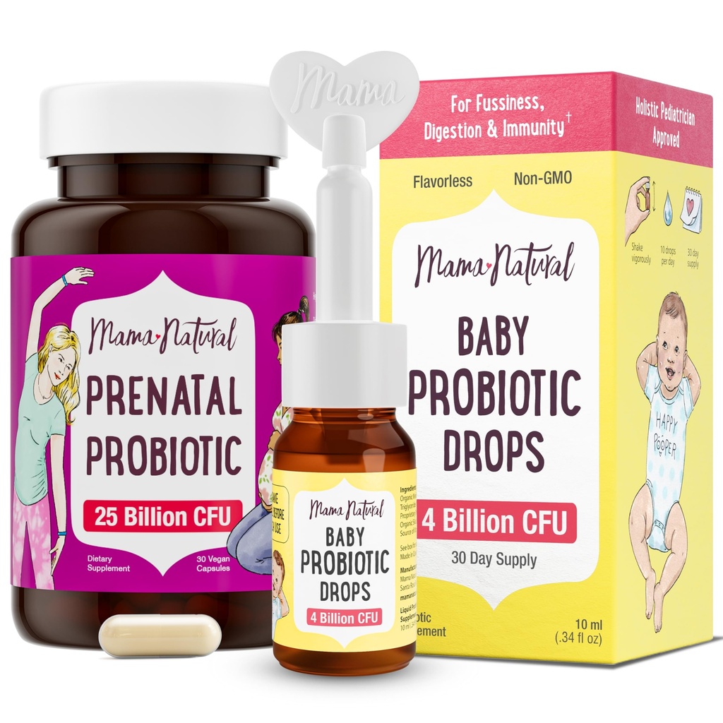 Mama Natural Prenatal Probiotic & Baby Probiotic kapljice Bundle – Gut, Vaginal & Imunska podpora za mamo + Prebavni Comfort za dojenčke z dojenčki probiotiki – Bundle & Save