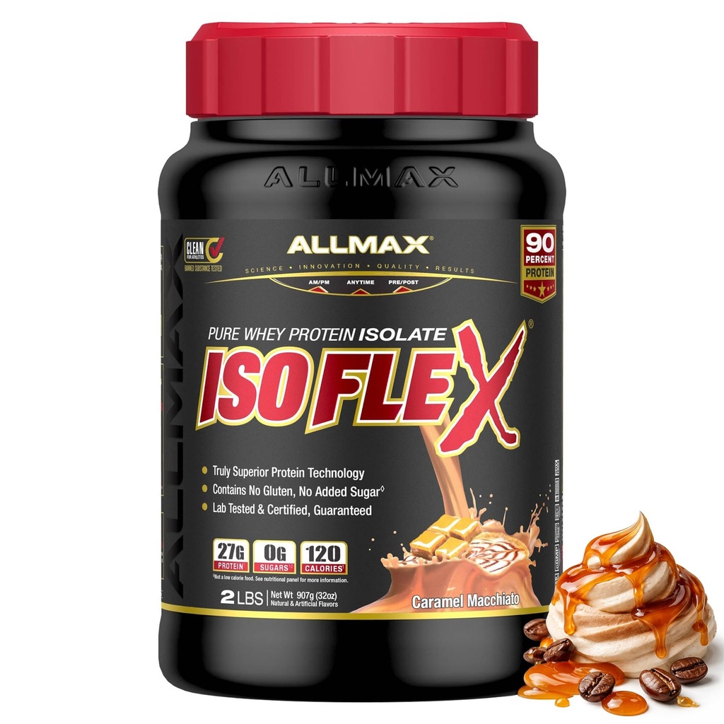 ALLMAX Nutrition ISOFLEX Izolat sirotkinih beljakovin, karamelni Macchiato - 2 lb - 27 gramov beljakovin na Scoop - nič maščob in sladkorja - 99% laktoza brez glutena in soje - približno 30 servivov