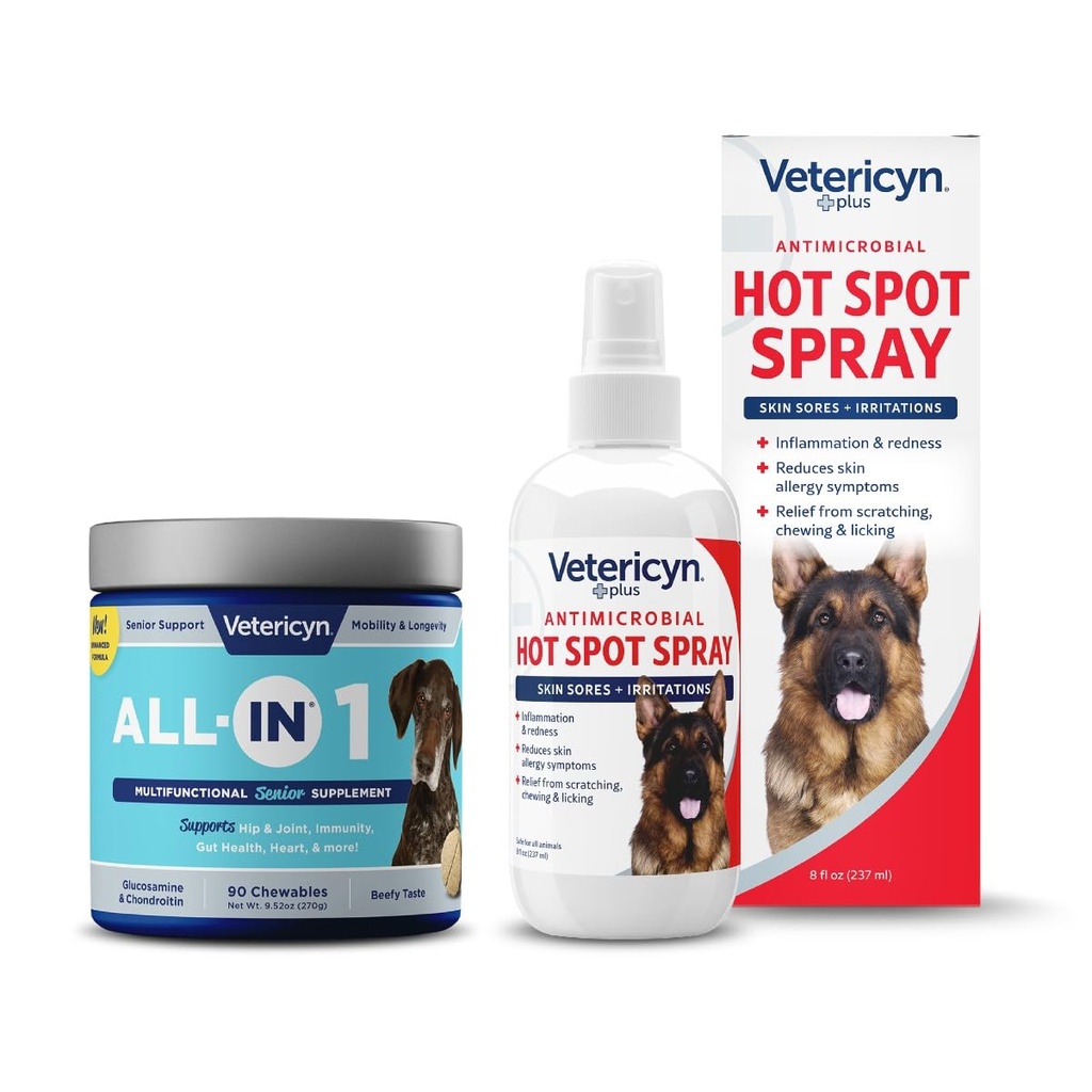 Vetericin All-in 1 Multifunkcionalni starejši pes dodatek z glukozaminom in Vetericin Plus Hot Spo Spray