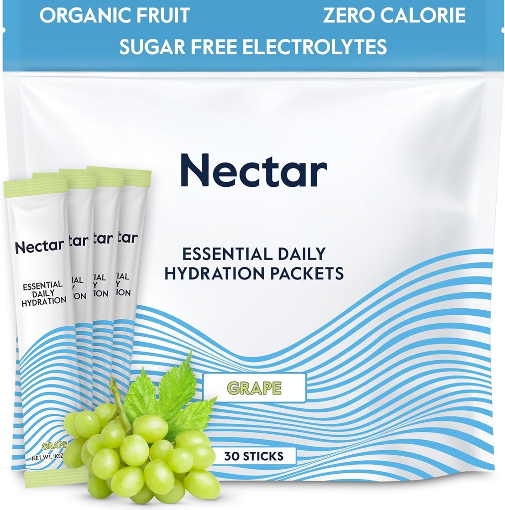 Nectar Hydration Packets – Elektrolitski paketi v prahu – brez sladkorja in 0 kalorij – tekoče ekološko sadje dnevno IV Elektroliti v prahu za dehidracijo in hitro rehidracijo (Pakiranje Grape 30)