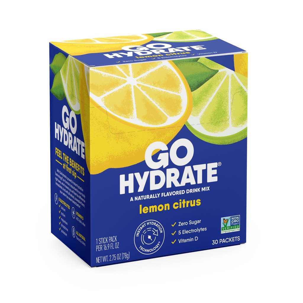 GoHydrate Instant Hydration Powder Packets - Nizki natrijevi elektroliti Drink Mix - naravna Hydration Podpora, Sladkor brez dodanega elektrolita Powder Drink z vitaminom D, 30 Packs, Lemon Citrus