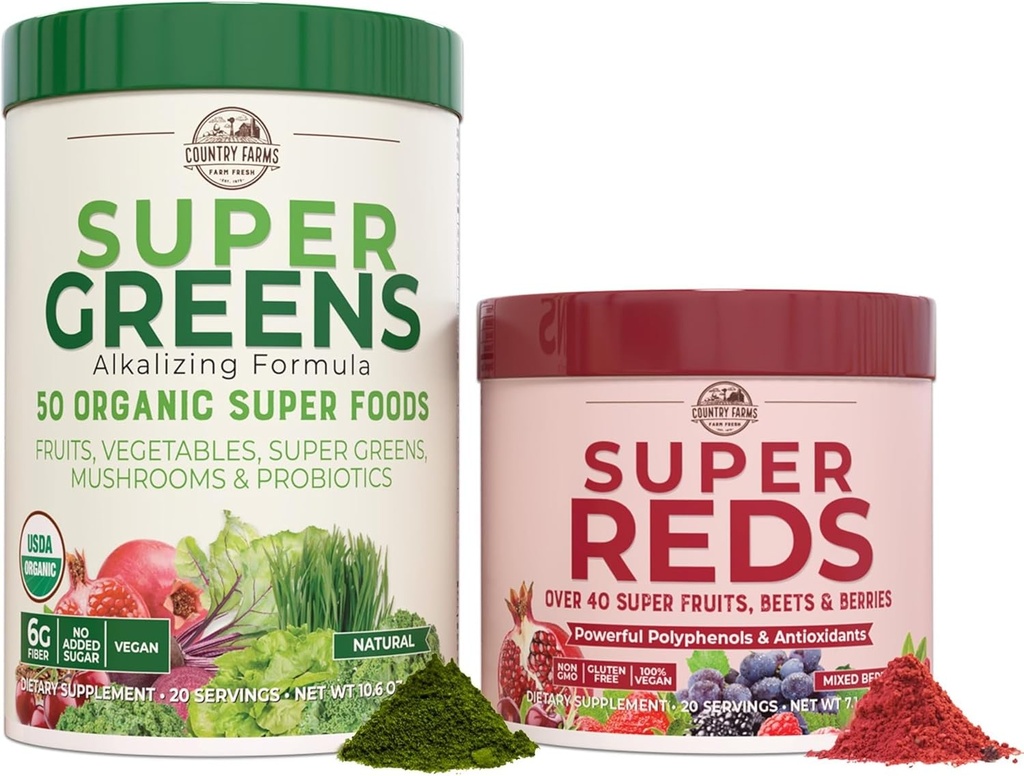 DRŽAVA FARMS Essential Pack, Super Greens Powder in Super Reds, pakirana s 50 Organic Super Foods in 40 Super sadje, naravna energija, Bloating podpora, Unflavored & Berry Flavor, 17.7 oz, 2 Pack