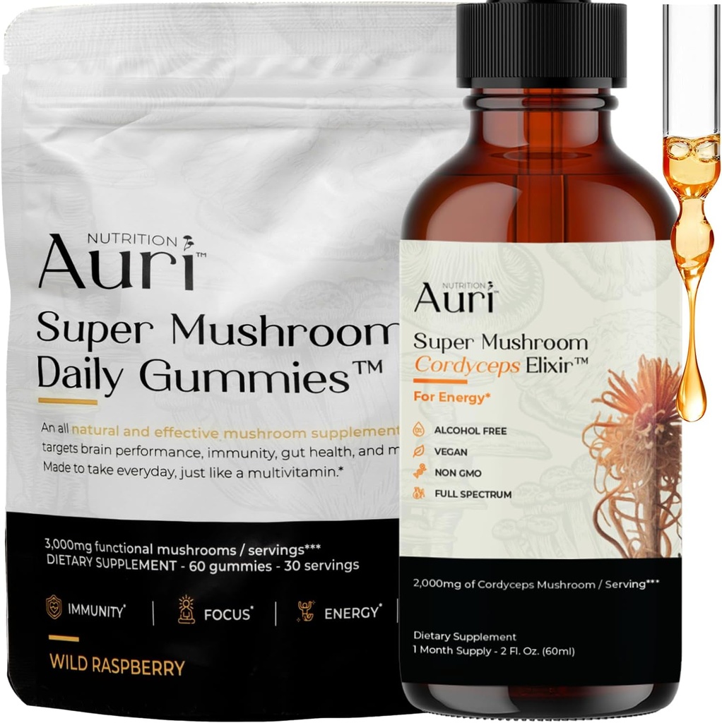 Auri Energy & Immune Boost Pack Super Gobe Daily Gummies Cordyceps Elixir Bundele - Dnevna Wellness za fokus, Stamina, in dolgoživost - 60 Gummies + 60ml Tinkture