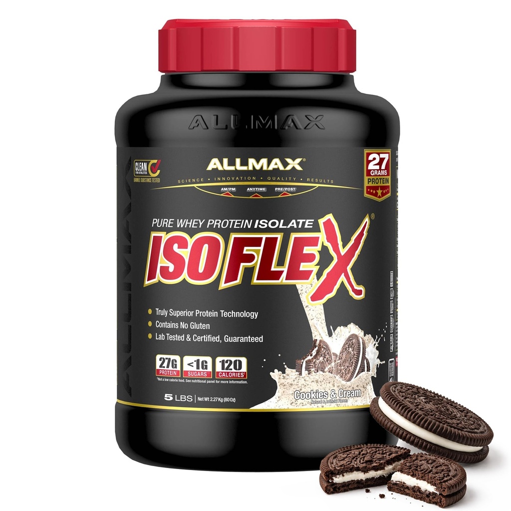 ALLMAX Nutrition - ISOFLEX Prašek sirotkinih beljakovin, izolat sirotkinih beljakovin, 27g beljakovin, piškotki in krema, 5 funtov