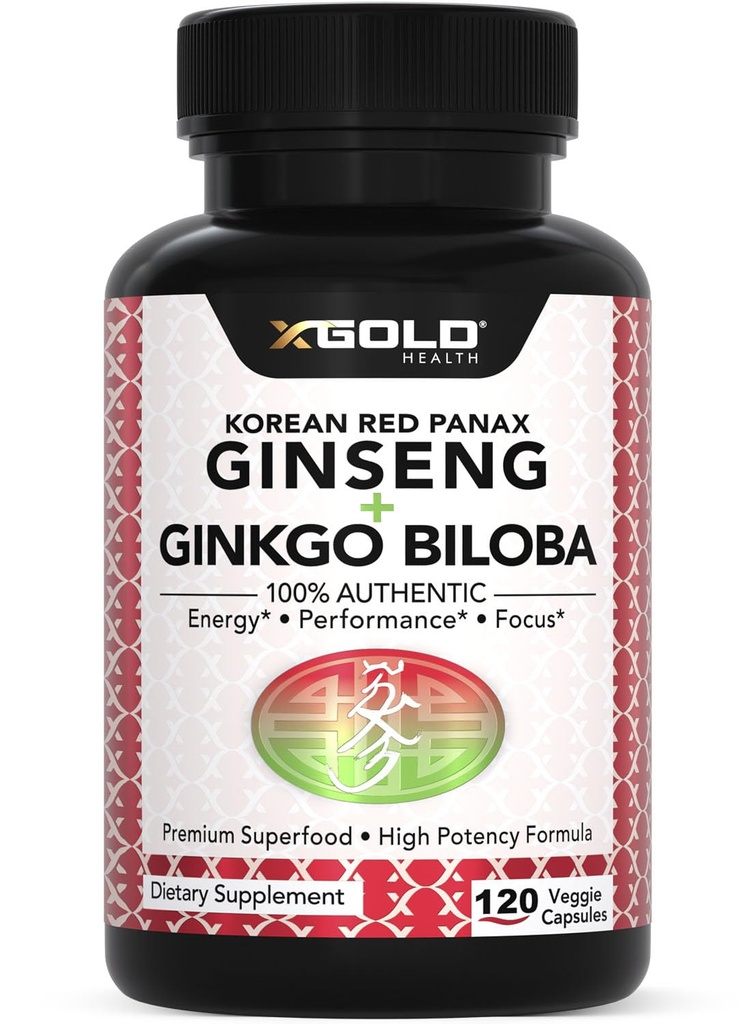 Verodostojna korejska rdeča Panax Ginseng 1200mg + Ginkgo Biloba 160mg – Visoka ginsenoside Dodatna moč – Energija, spomin, Focus & Brain Health – Veganske kapsule za moške in ženske – 120 Count