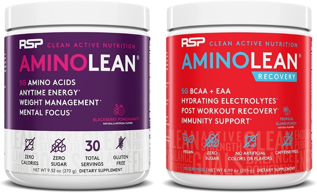 RSP NUTRITION AminoLean Pre Workout Energija (BlackBerry Pomegranate 30 Servingate) z AminoLean Recovery Post Workout Boost (Tropical Island Punch 30 Servinges)