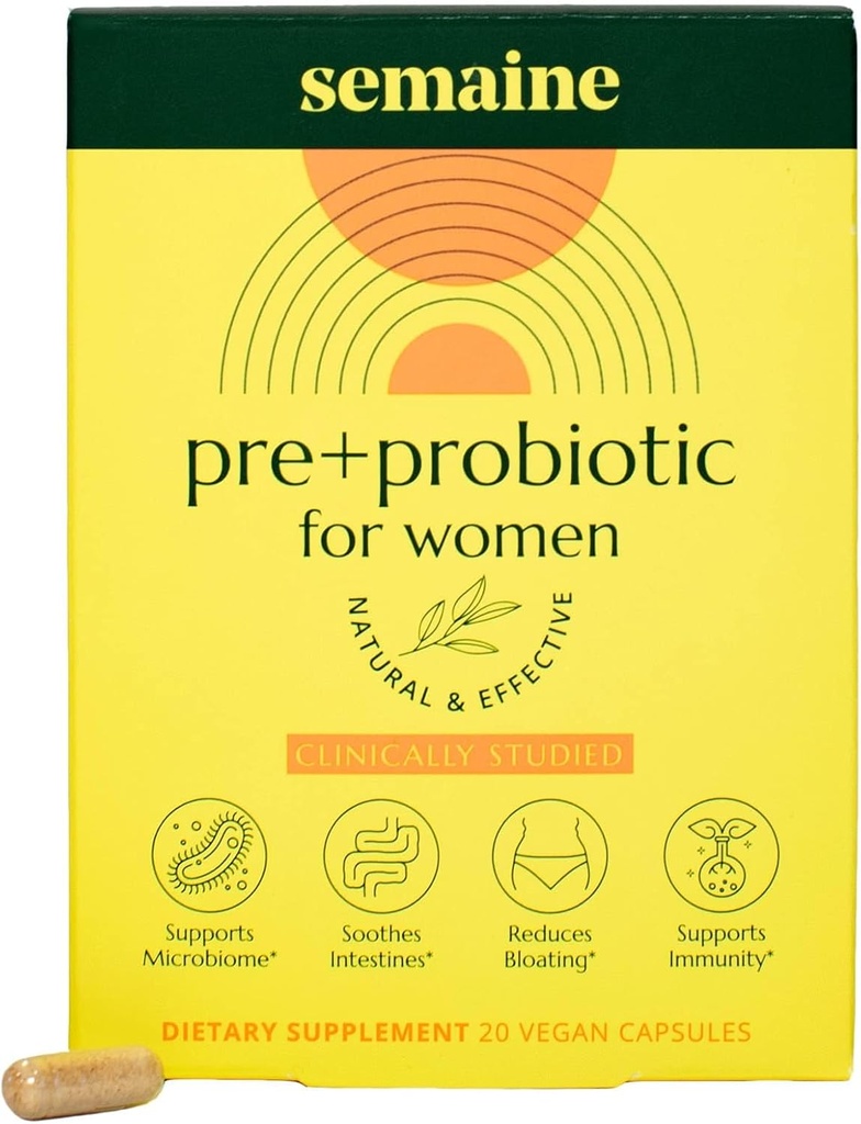 Semain Super Powered Prebiotic + Probiotic za ženske, Učinkovita 3- v-1 Multi-Action Formula za Nourish Gut Health, Soothe IBS, Podpora Bloat Relief & Immunity Boost, klinično raziskan (20 ct)