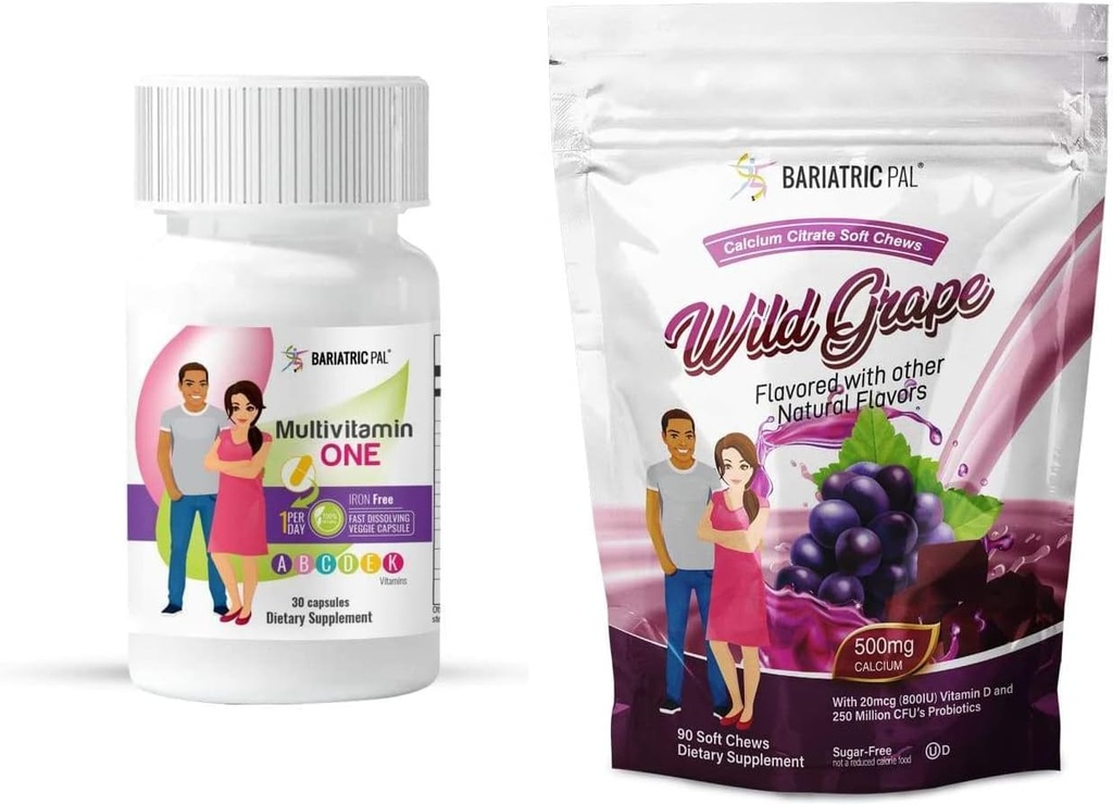 BariatricPal Duodenal Switch Popolno 30-dnevno prehransko pakiranje vitaminov (Iron-free kapsula kalcijev citrat Soft Chews s probiotiki - divji grozd)