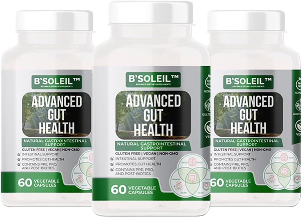 B’SoleilTM Pakiranje 3 naprednih probiotikov za zdravje Gut - Pre, Pro & Post Biotics - naravna gastrointestinalna podpora - Gluten Free, Vegan & Non-GMO - 25 milijard CFU - 60 kapsul v vsakem pakiranju