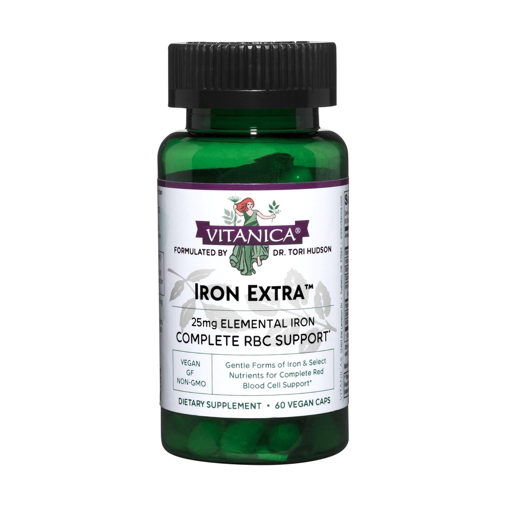 Vitanica Iron Extra, železov dodatek Okrepljena absorpcija z vitaminom C 500mg, metilfolat 400mcg, B12 Vitamin 500mcg, kalcij, rumeni dok, izvleček korenin in koprive, Vegan, 60 kapsul