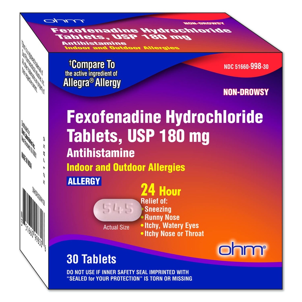 Ohm ne- Motna Fexofenadin Antihistaminik znotraj zunanjega alergija Relief tablete 30ct
