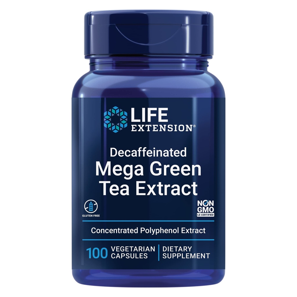 Life Extension Decaffineated Mega Green Tea Extract – Polifenol-Rich, celično zdravje, zdravje srca, zdravje možganov, zaščita proti oksidantom – ne-GMO, Gluten-free, vegetarijansko – 100 kapsul