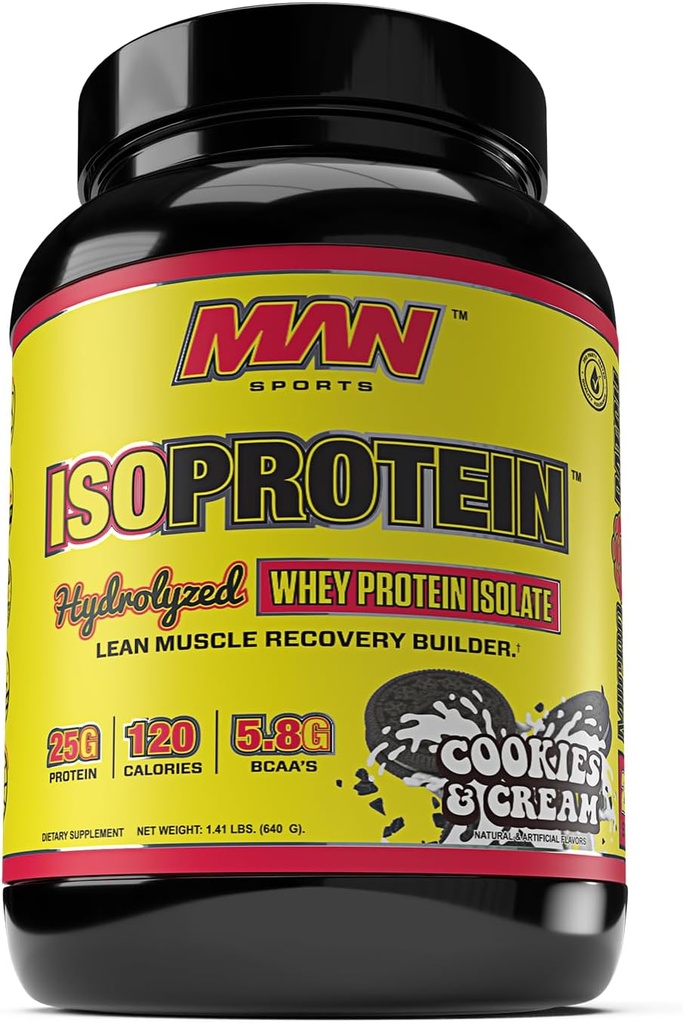 MAN Sports New Flavor ISO-Protein hidroliziran 100% čisti izolat sirotkinih beljakovin v prahu, Piškotki in smetana, 1,42 funta (20 dni dobave)