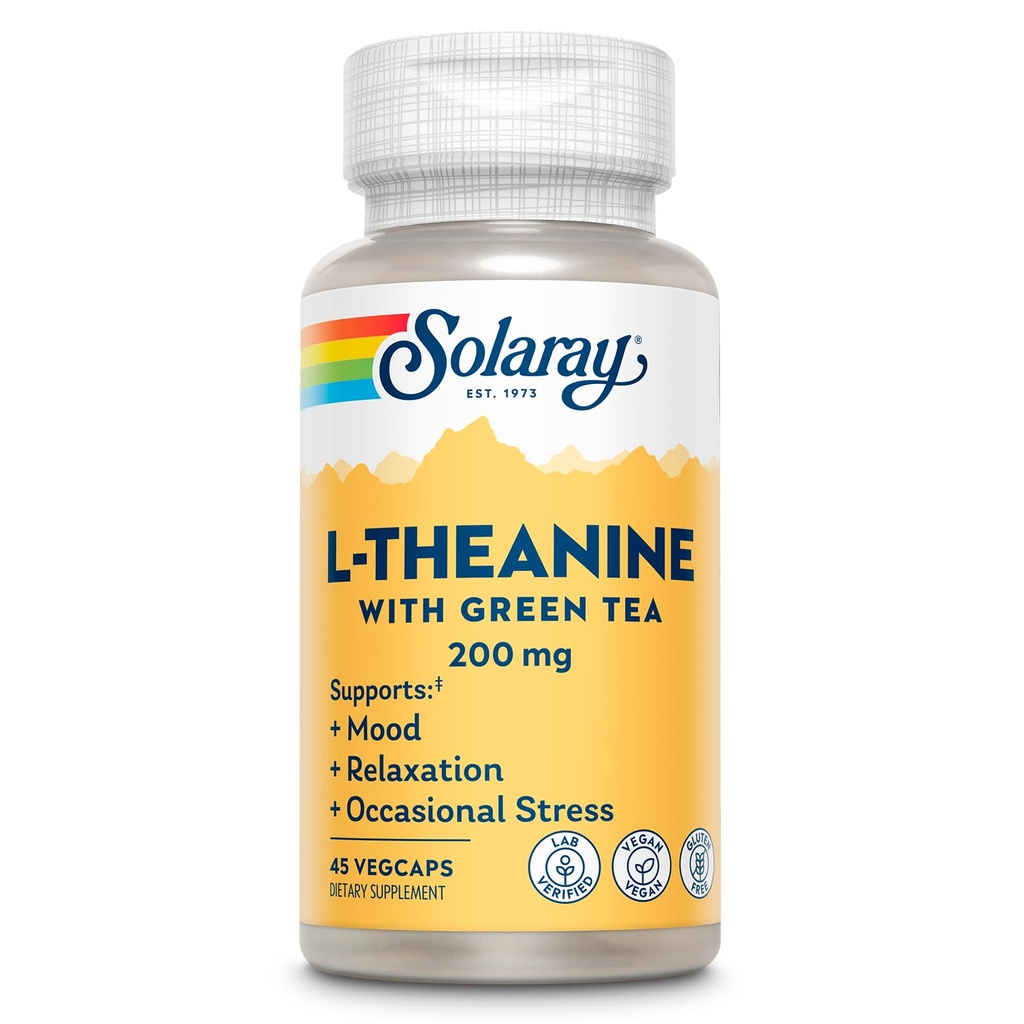 SOLARAY L-Theanine 200mg z zelenim čajem - zdravo razpoloženje, sprostitev in občasno podporo stresu - laboratorij preverjen, Vegan, Gluten brezplačno - 45 Serving, 45 VegCaps