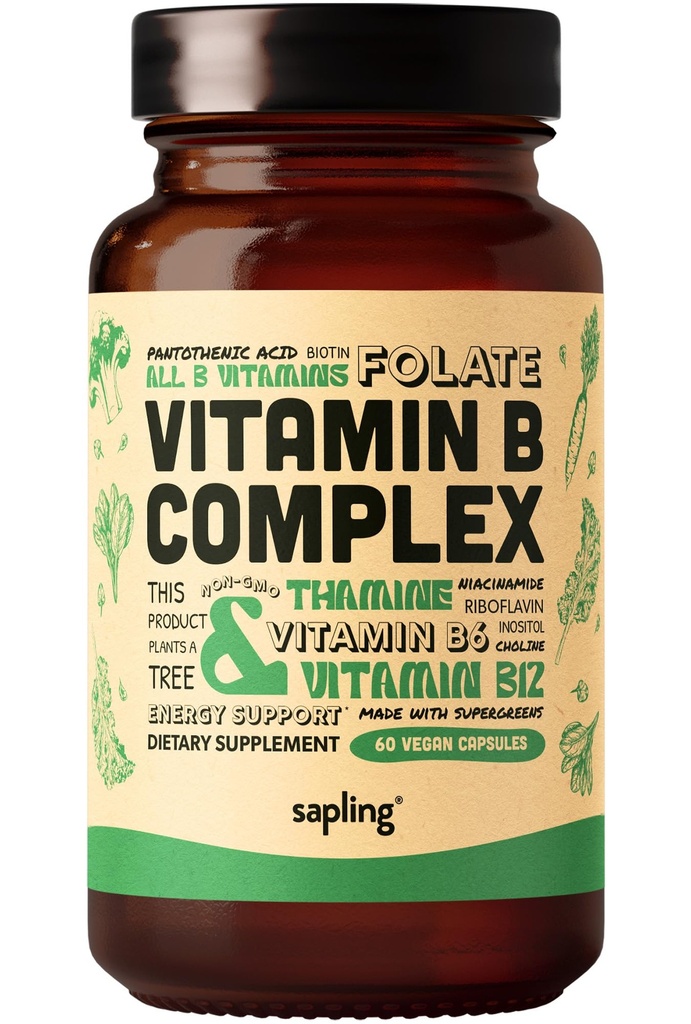 veganski vitamin B kompleks - celotna živilska mešanica z Essential B vitamini B1, B2, B3, B5, B6, B7, Folat, B12-60 Caps