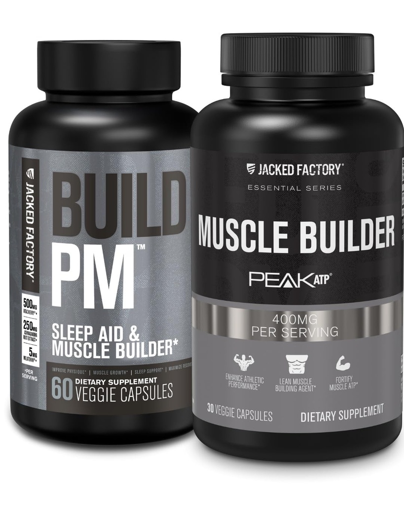 Tovarna jacked Stavba Polnočni čas Muscle Builder & Sleep Aid (60 kapsul) & Essentials Muscle Builder - Dnevna moč Graditelj za moške z vrhom ATP (30 kapsul)