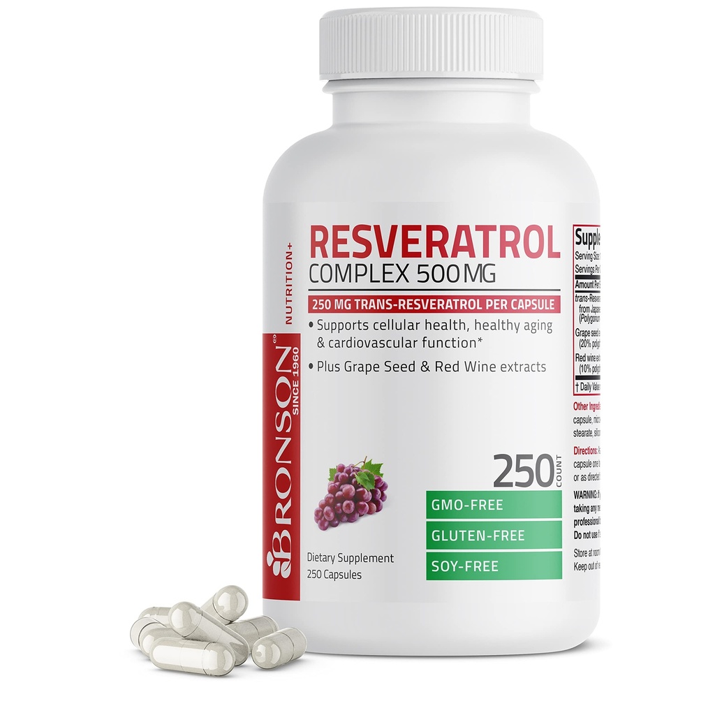 Bronson Resveratrol 500 Kompleksni standardizirani trans-resveratrol + ekstrakt grozdnega semena in rdečega vina, 250 kapsul
