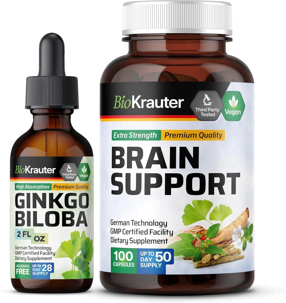 BIO KRAUTER Ginkgo Biloba Tinkture 2 Fl. Oz. & Podpora za možgane 100 kapsul