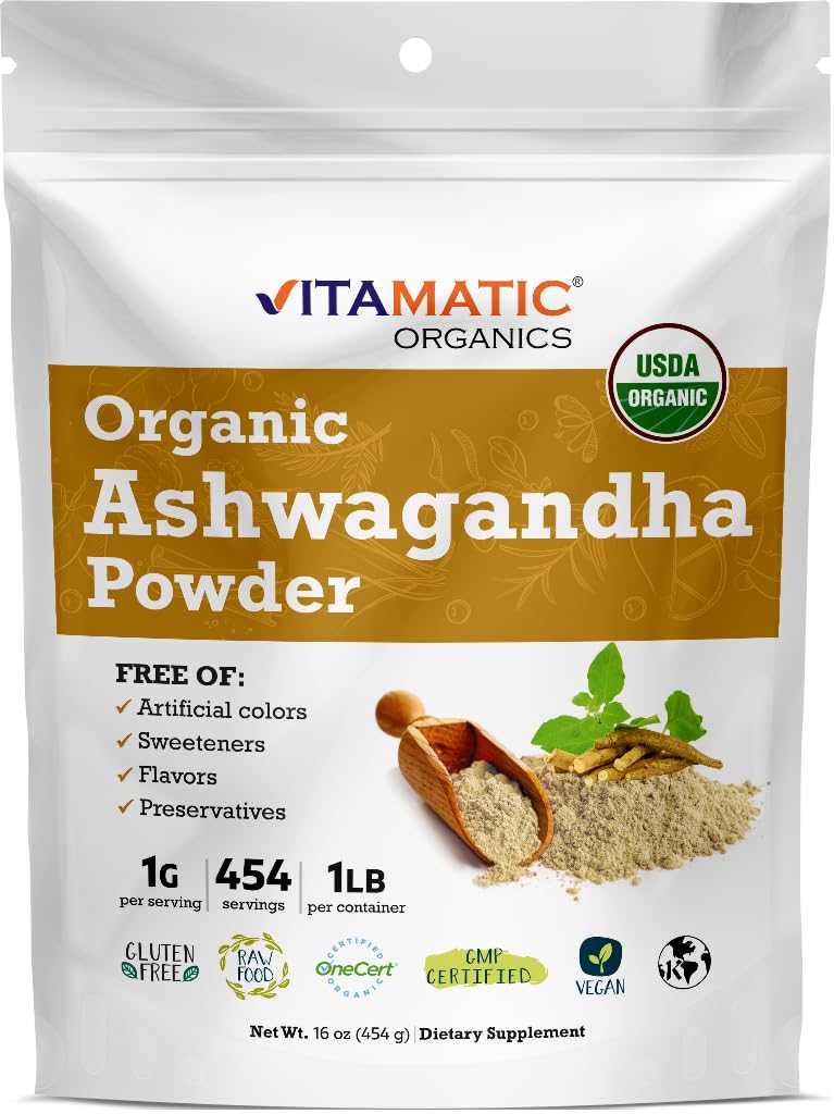 Vitamat Certified USDA Organic Ashwagandha Powder – 1 lb (16 oz) Withania Somnifera 
