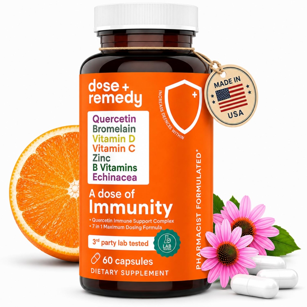 Odmerek imunosti Quercetin z vitaminom C in cinkom, vitamin D, 500mg Quercetin Bromelain z Echinacea & B vitamini, Lung Imune Support Supplement 7 v 1 Obrambni Booster (60 Count)