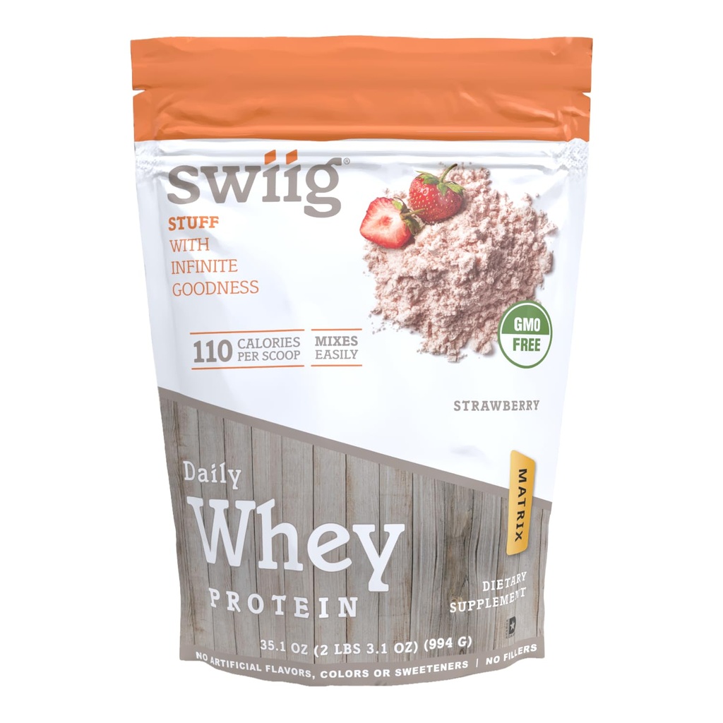 swiig Premium Daily Whey Protein Matrix Jagoda 2,2 lb – 20g Protein Gluten-free No-GMO Fillers No Umetne arome Okrepljene z aminokislinami za obnovo mišic Vse naravne formule