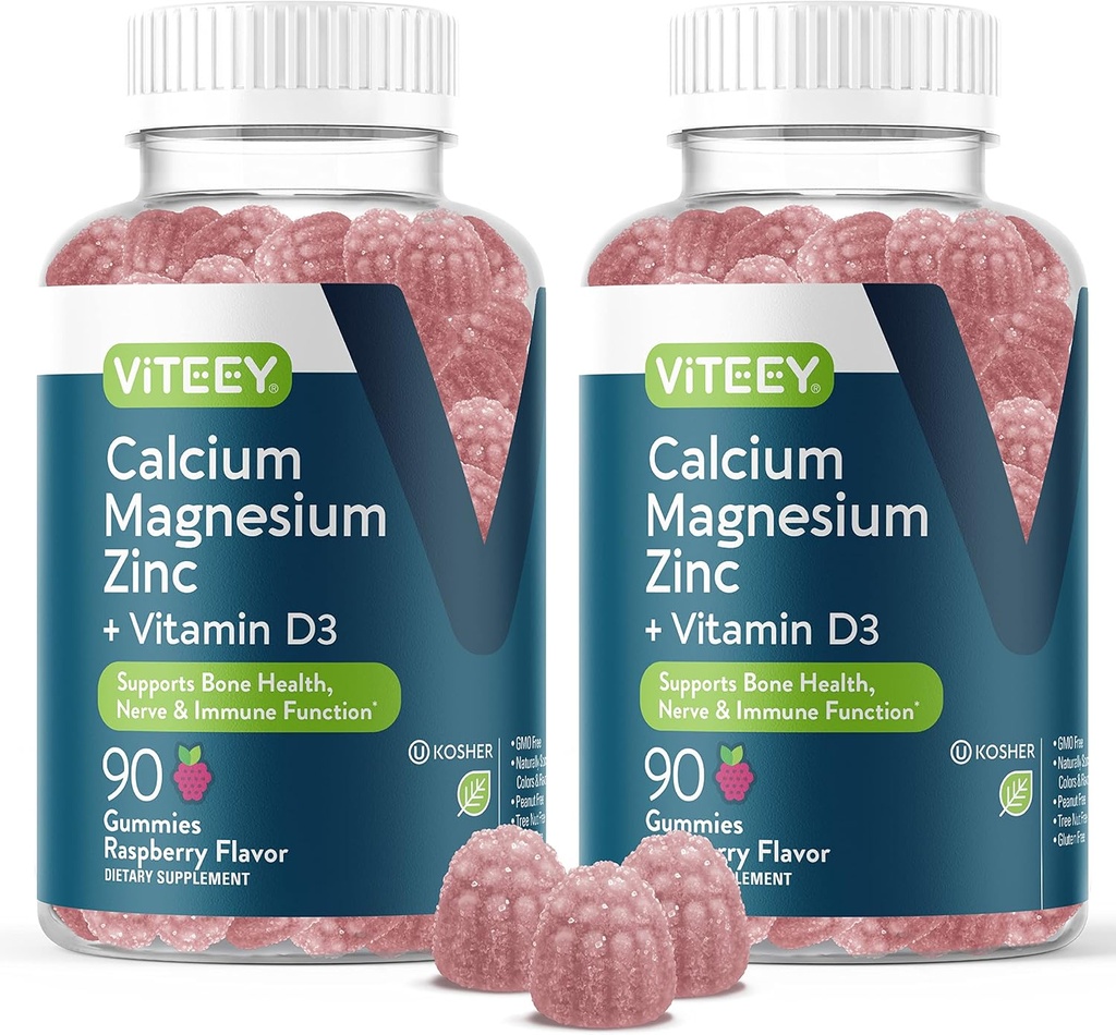 Viteey kalcij magnezijev cink Gumiji z vitaminom D3 - Podpira zdravje kosti, živcev in imunske funkcije - kalcij magnezijev cink D3 za odrasle & najstniki - GSO brezplačno - Žvečljiva malina okusno Gummy