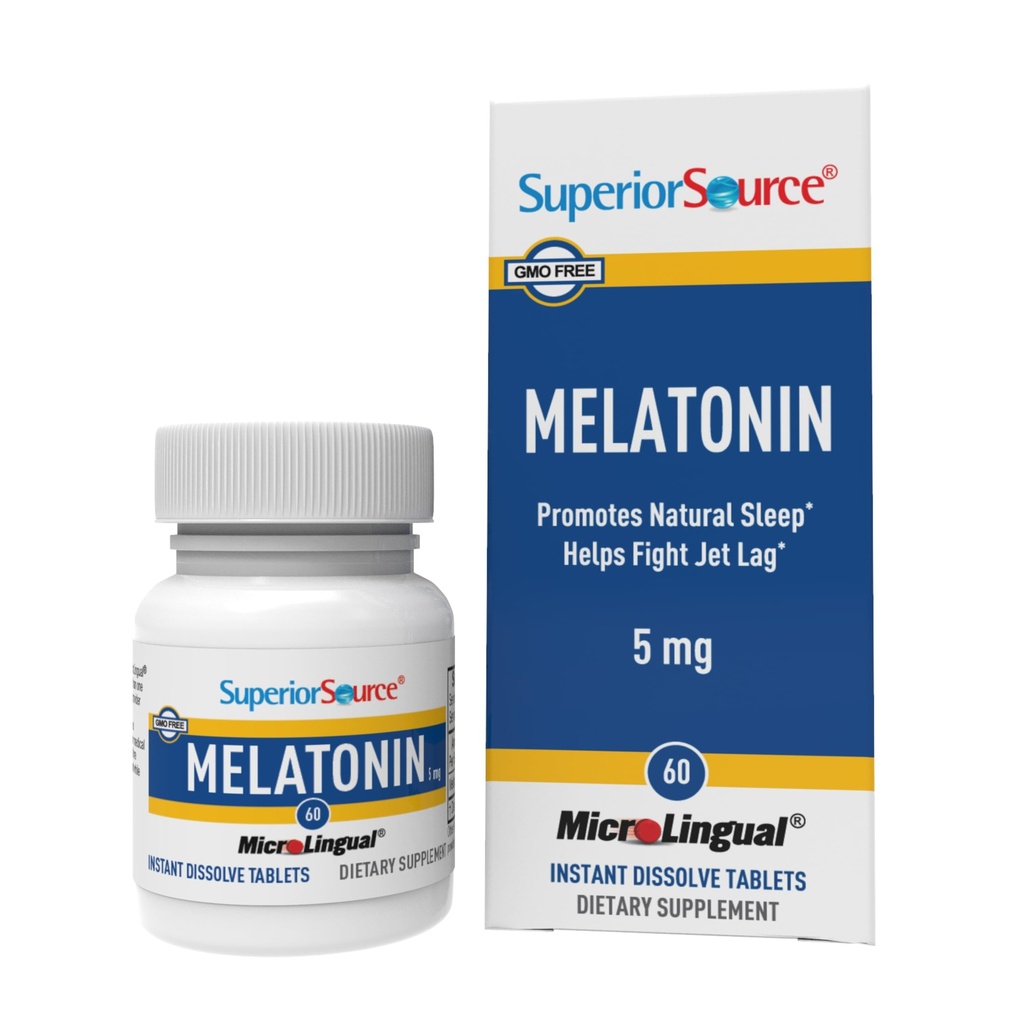 Superior Source Melatonin 5 mg - Zdrava podpora za spanje - Melatonin Formula s kamiličnimi pripomočki Relaksacija in miren spanec - 60 Podjezične tablete za raztapljanje