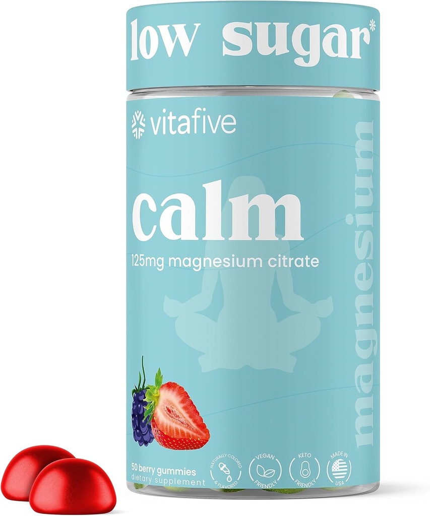 Vitapeth Nizki sladkor Calm Magnezij Gumies, 125mg magnezijevega citrata, naravna mešana jagodičja aroma, Vegan, Gluten prost (50 Ct)