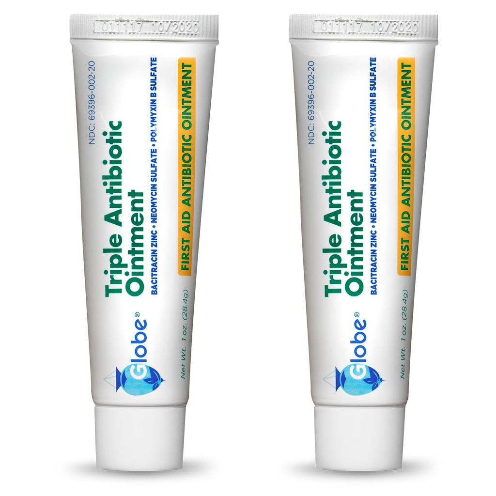 Globe Triple Antibiotic prva pomoč Mazilo, 1 oz (2-Pack) Prva pomoč Antibiotično mazilo, 24-urna zaščita okužbe, zdravljenje ran za manjše madeže, opekline in rezi