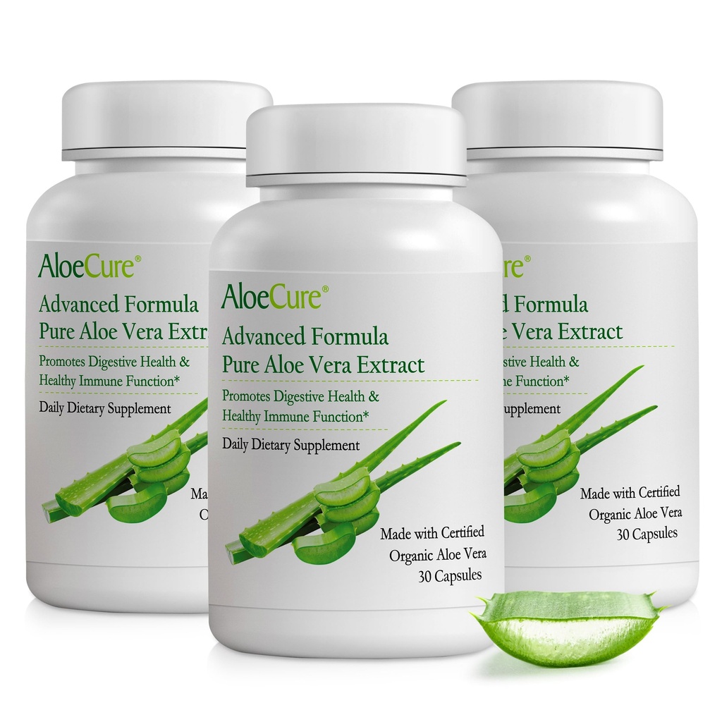 AloeCure Organic Aloe Vera Kapsule, 160.000mg Notranji Aloe Leaf Enakovreden na Serving, Podpora Gut, Prebavne, & Imunsko zdravje, Pomaga ohraniti uravnotežene želodčne kisline, Aloin Free, 30Caps x 3Btl
