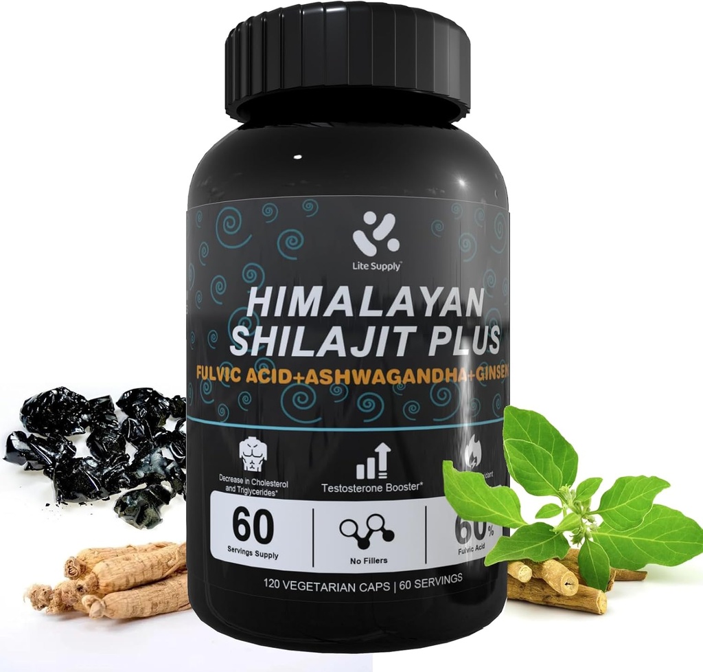 Shilajit Himalajski dodatek 60% Fulvična kislina, 120 Veganske kapsule Oskrba s čisto naravno Shilajit, Ashwagandha, Ginseng ekstrakt - Visoko v Trace Minerali za moške Energetska podpora