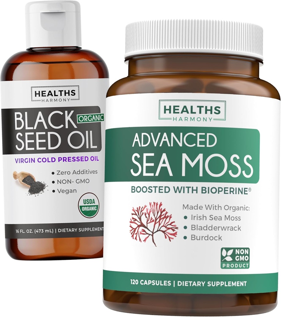 Olje črnega semena Liquid & Sea Moss (2-mesečna zaloga) Sea & Seed Fusion Bundele - Črno seme olje Liquid (16fl.oz) Premium Hladno Presed Clack Cumin Seme Oil & Organic Irish Sea Moss z BioPerine - Vegan