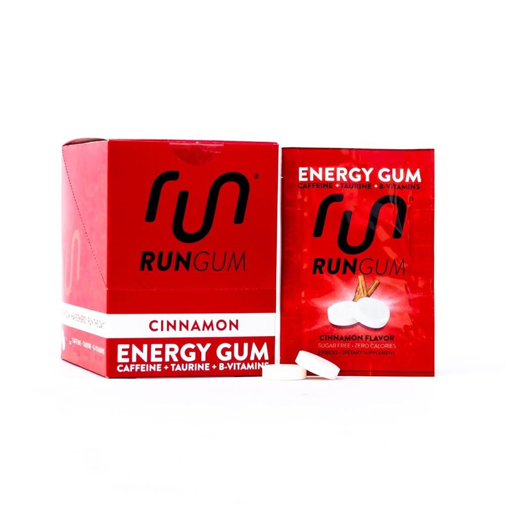 RUN GUM Cimet Energy Gum 50mg Kofein Tavrin in B-vitamini na kos, 24 kosov (paket 12), 2 kosa = 1 kava ali energijski napitek, sladkor brez, nič kalorij