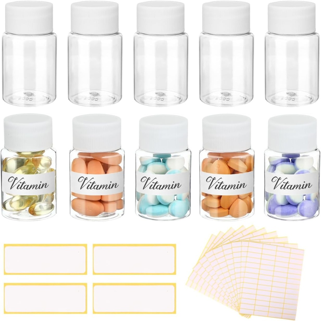 10Pcs tablete steklenice s praznimi nalepkami - 30ml Medicine kontejnerji z vijak kape- Plastic Prazne majhne tablete vsebnika Puh-Proof Jasno vzorec Jar za Dispense za tekoče trdno ime Nalepke