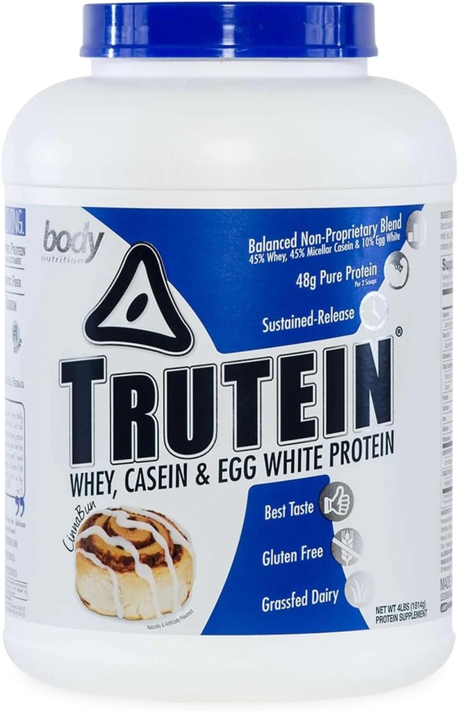 Body Nutrition Trutein Visoke beljakovine v prahu: 45% Whey, 45% Kazein, 10% Jajca bela, Gluten-free, nizko natrij, Grass Fed Whey Protein Powder, Gym Supplement & Breakfast Shake, Cinnabun, 4lb