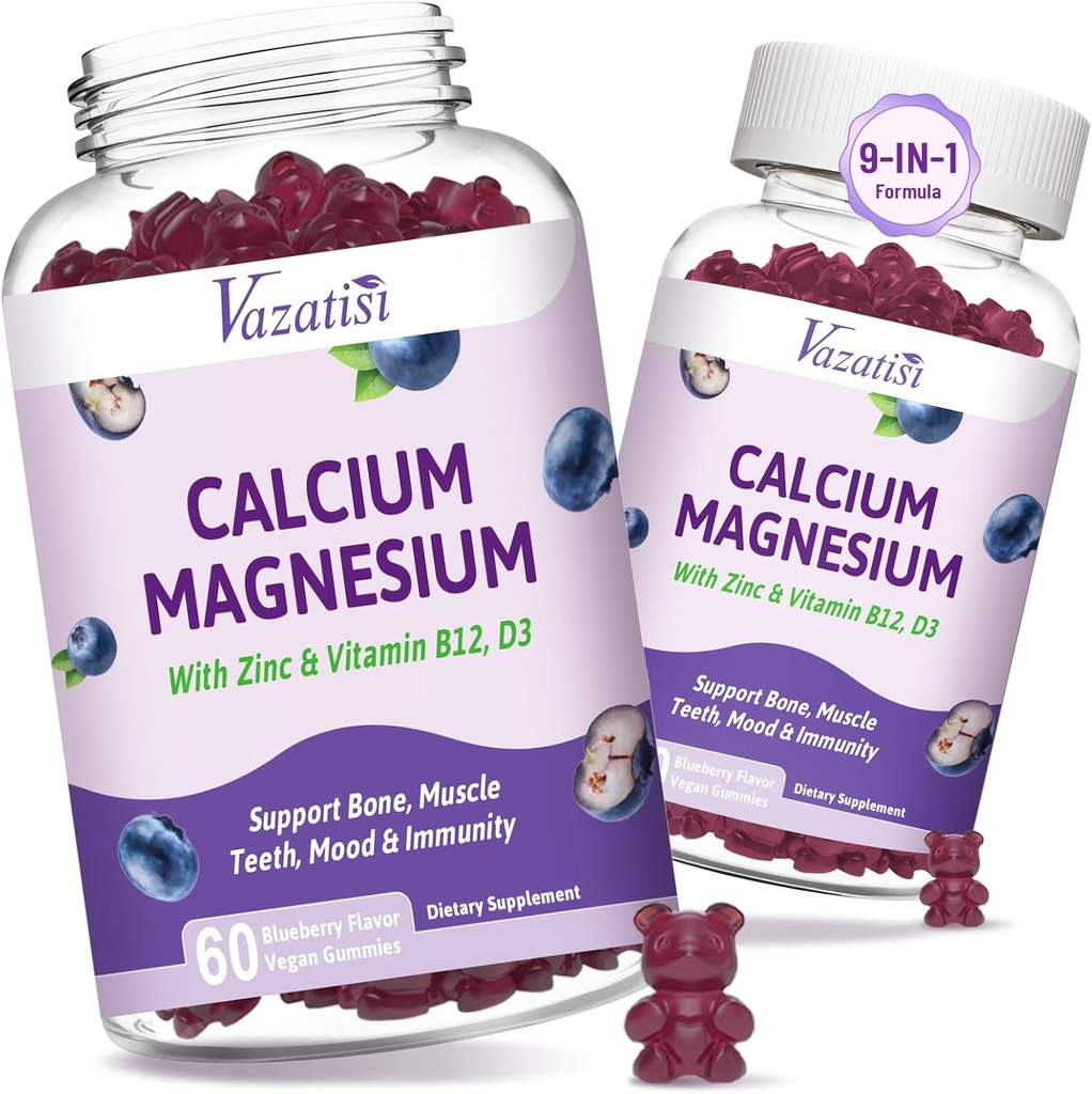 2 Pack kalcij magnezijev cink Gumiji z vitaminom D3 & B12, brez sladkorja kalcij dopolnila za ženske, Vegan borovnice aroma