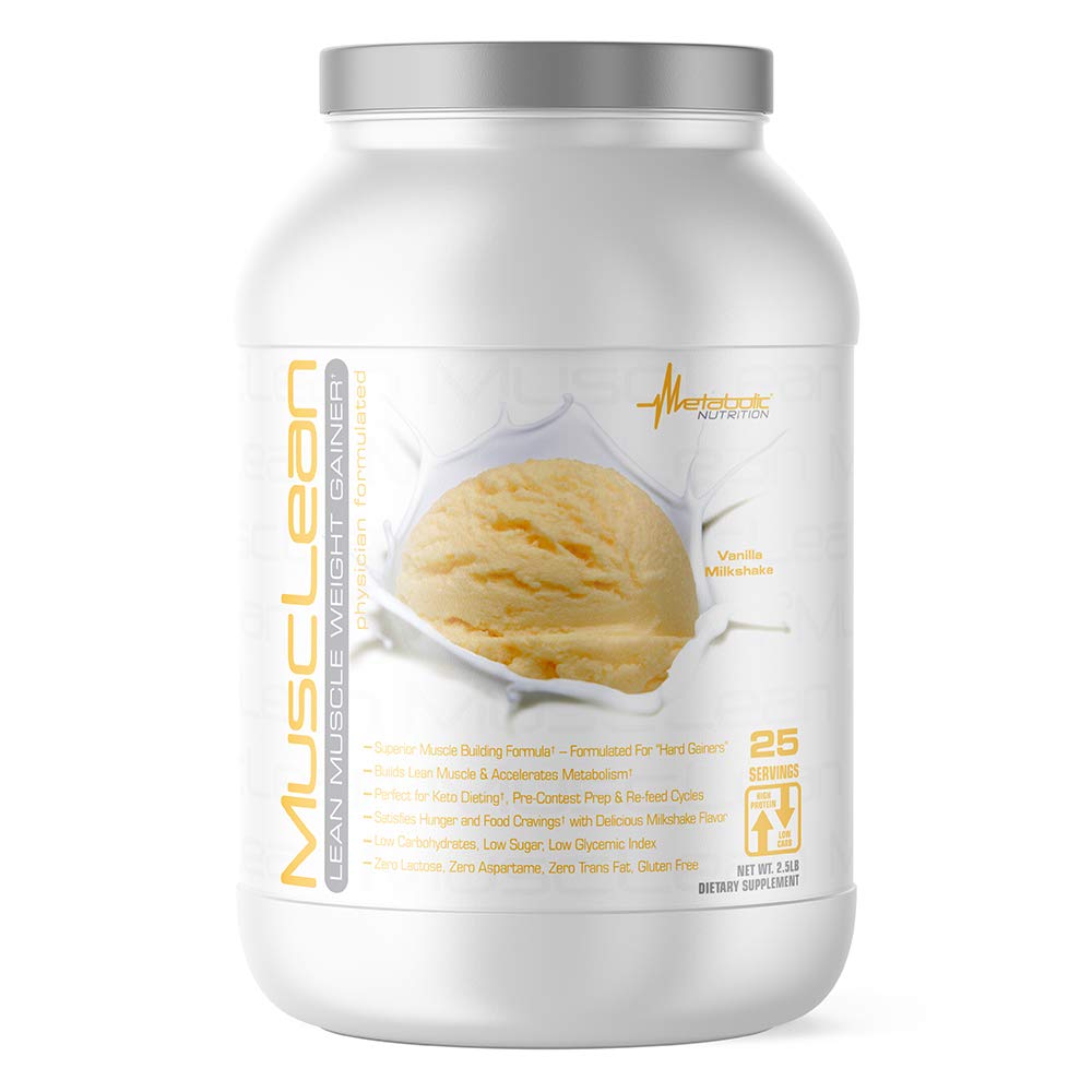 Presnovna prehrana - Musclean - Milkshake Hujšanje Gainer, Whey High Protein Meal zamenjava, Vzdrževalna prehrana, Nizki ogljikovi hidrati, Keto prehrana, Prebavni encimi, Vanilla, 2,5 funt (25 serov)