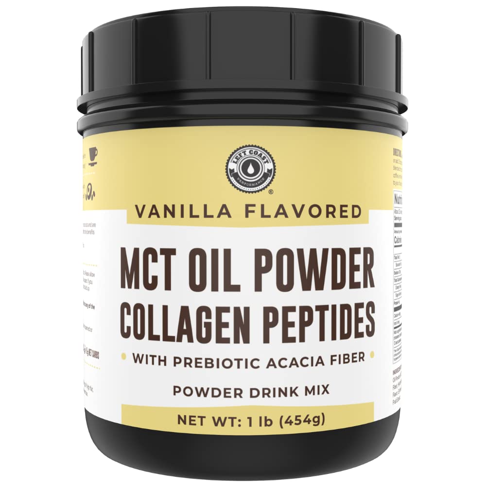 Keto MCT Oil Powder + Kolagen + Prebiotic Acacia Fiber, Vanilla Flavor, 16oz. MCT Oil Powder iz kokosovih orehov. Grass Fed Collagen, kot nalašč za Keto, 0 Net Carb, Stevia, Eritritol, pijača v prahu