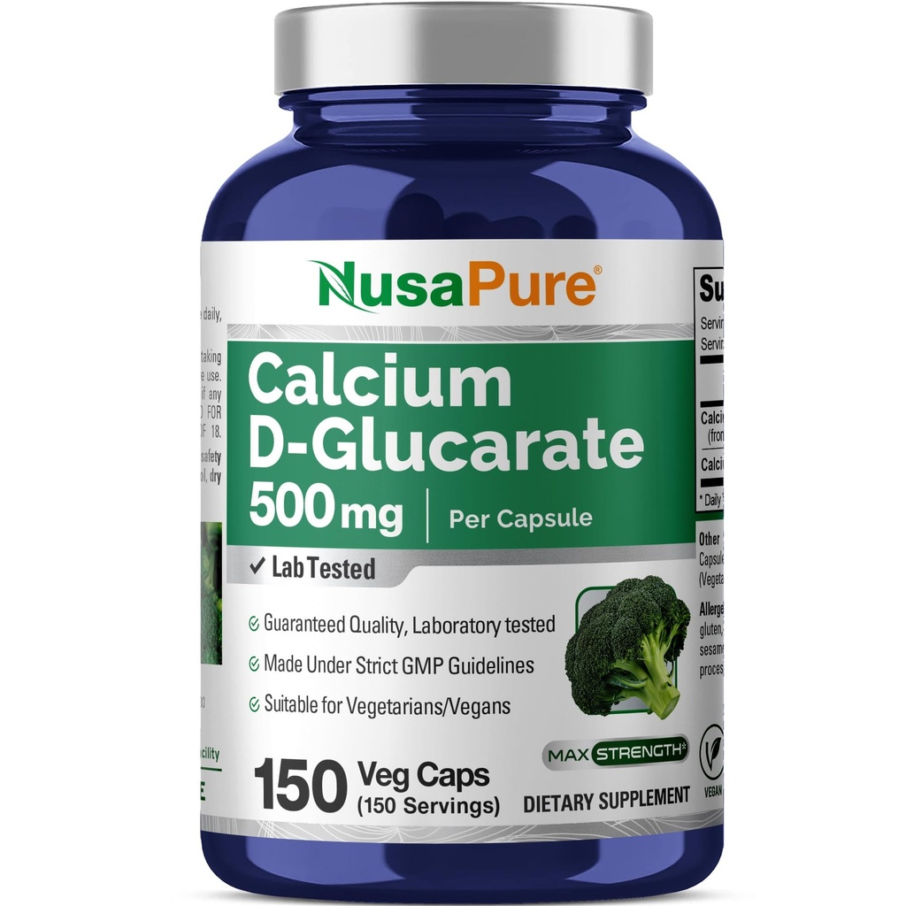 NusaPure Calcium D-glukarat 500 mg 150 Veggie Caps, Vegan, Non-GMO, Gluten-free