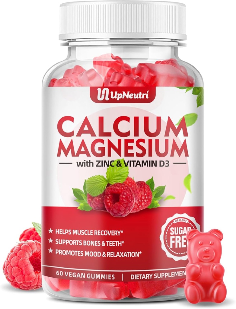 Kalcij Magnezijev cink z vitaminom D3 dodatek, brez sladkorja kalcijeve žvečilke za ženske moške, visoka absorpcija cinkove žvečilke za kosti in mišice in imuno zdravje, veganska malina aroma - 60 Count