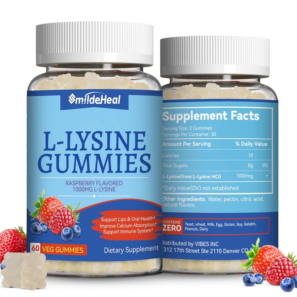 2 Pack L-Lysine 1000 mg Gumiji, žvečljiva lizina dodatek za odrasle, Imunska podpora, Kolagen formacijska podpora, Non-GMO, Vegan, Gluten brezplačno - 120 Counts