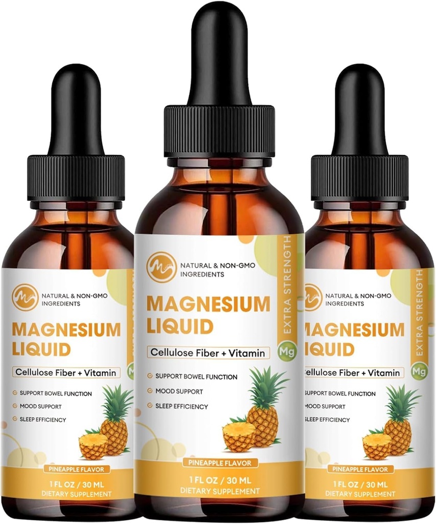 (3 pakiranja) Magnezij Glicinat Tekoče kapljice, visoka absorpcija Magnezij Tekoči z bromelainom, Vitamin B6 C D, Magnezij dodatek za otroke in odrasle, Noč in podpora mišic, Ananasov okus